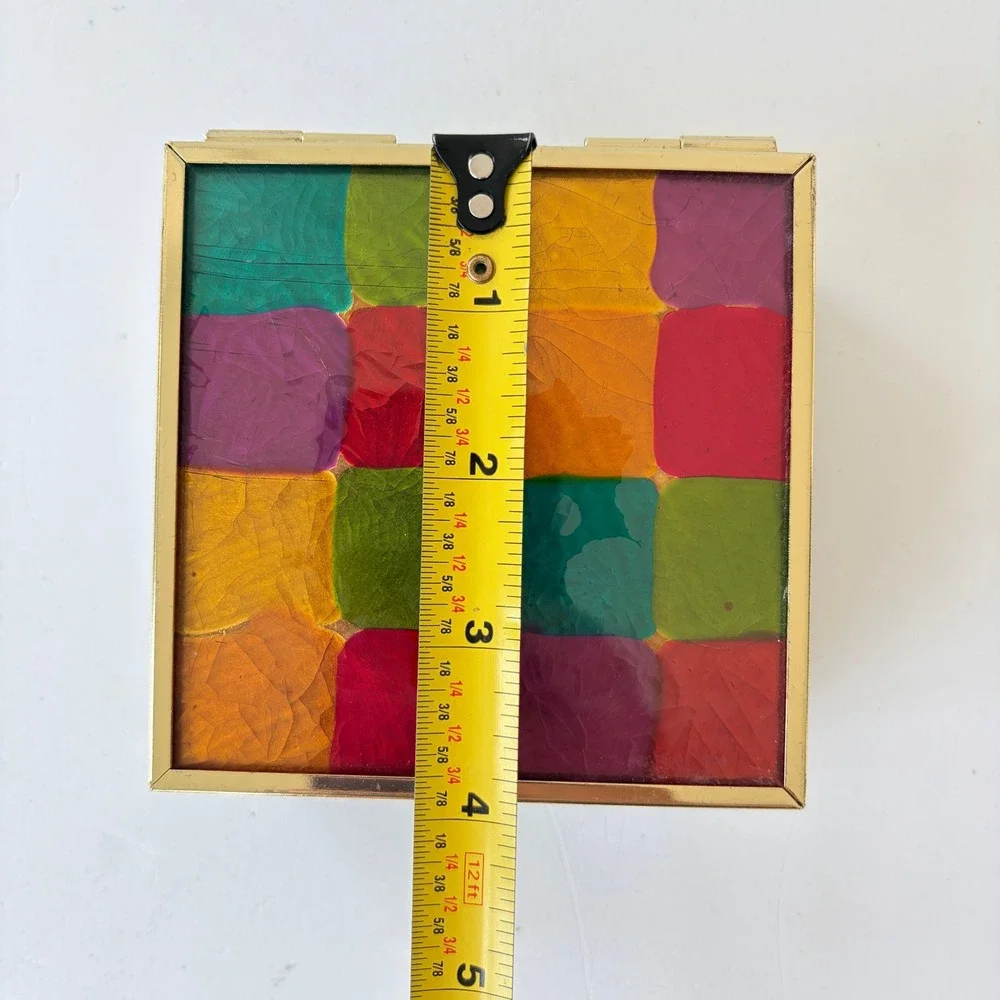 Vintage Glass Coaster Set 6pc Multi Color Patchwork Brass Tone Footed Box MCM